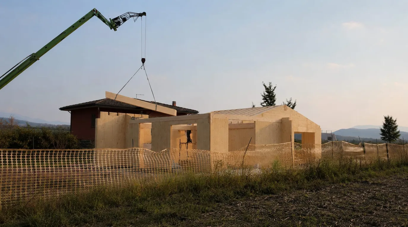 Montaggio in cantiere delle pareti in legno prefabbricate di una casa Armònia, sollevate da una gru