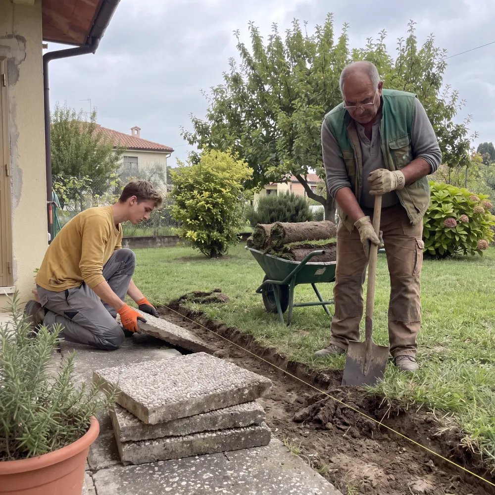 Cantiere in corso: posa della pavimentazione perimetrale in pietra e preparazione del nuovo prato.