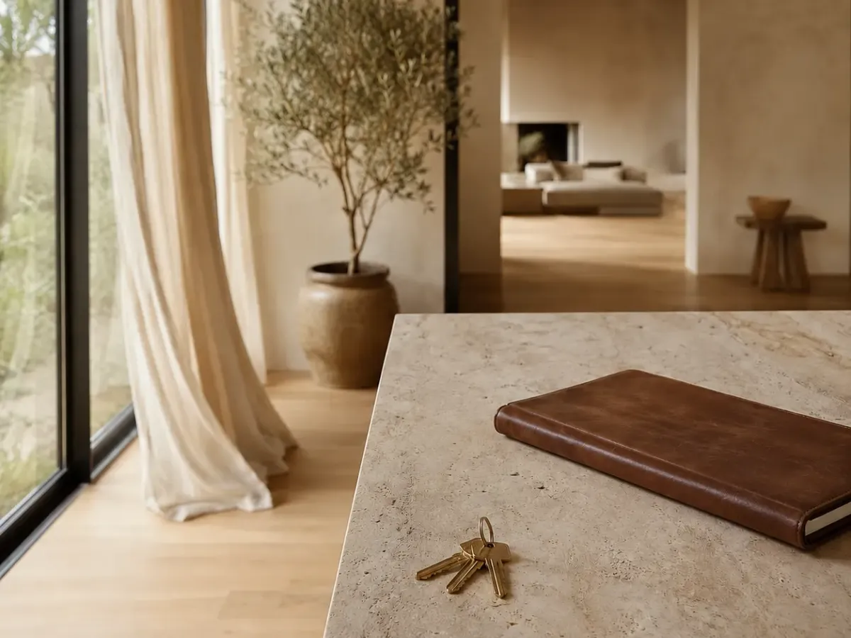 Chiavi e cartella progetto su una superficie in travertino dentro una casa italiana completata.