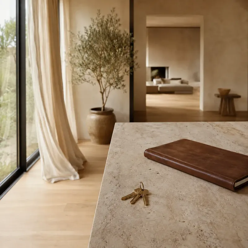 Chiavi e cartella progetto su una superficie in travertino dentro una casa italiana completata.