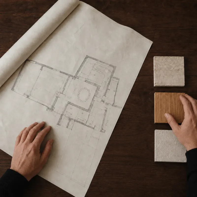 Dettaglio di un progetto casa con planimetria, mano sul disegno e campioni di materiali naturali.