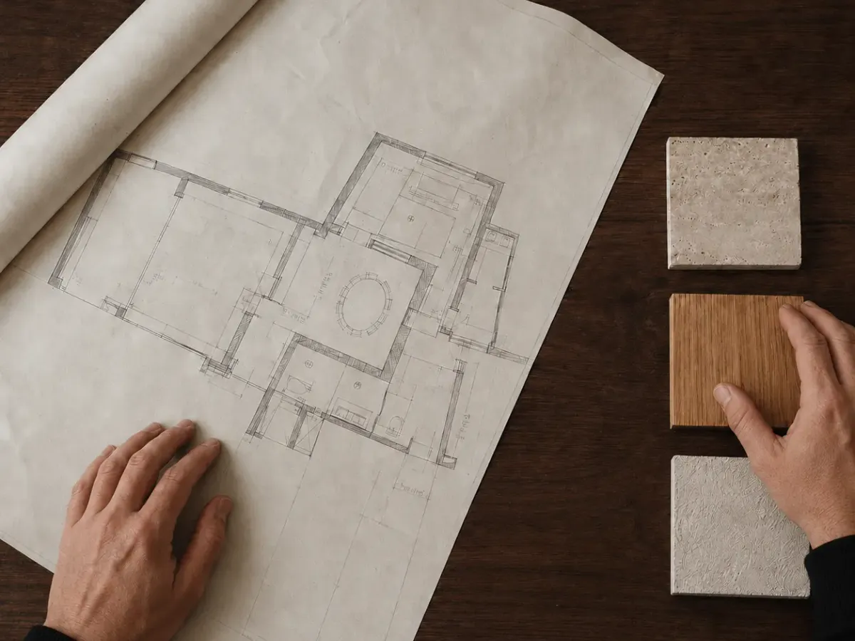 Dettaglio di un progetto casa con planimetria, mano sul disegno e campioni di materiali naturali.