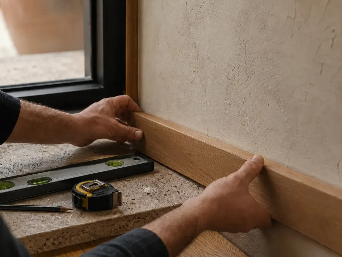 Dettaglio di realizzazione in cantiere con profilo in legno, livella e lavorazione precisa.