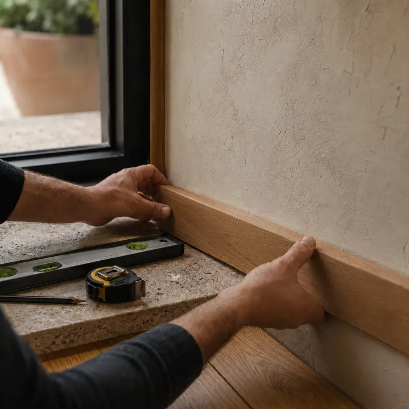 Dettaglio di realizzazione in cantiere con profilo in legno, livella e lavorazione precisa.