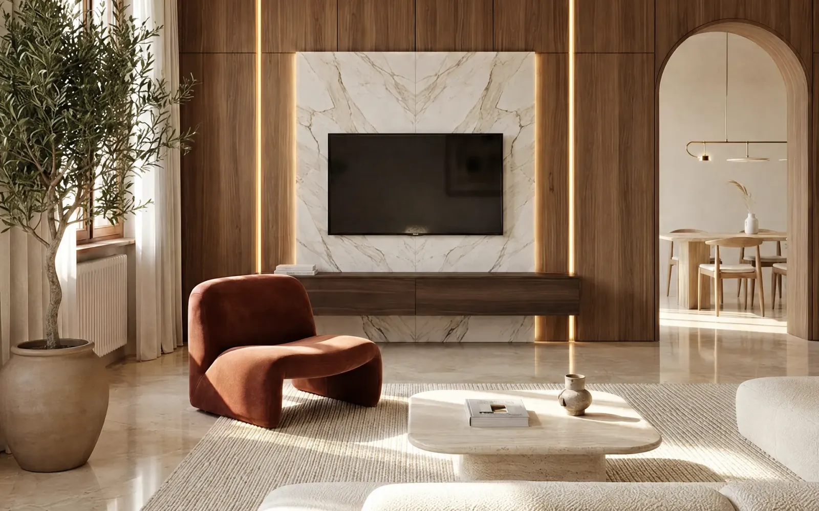 Salotto ristrutturato con rivestimento in legno, parete in marmo e illuminazione a led integrata.
