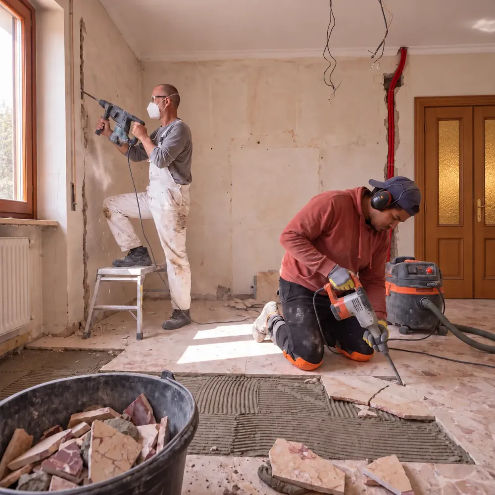 Cantiere in corso: demolizione delle vecchie finiture e posa del nuovo pavimento nel salotto.