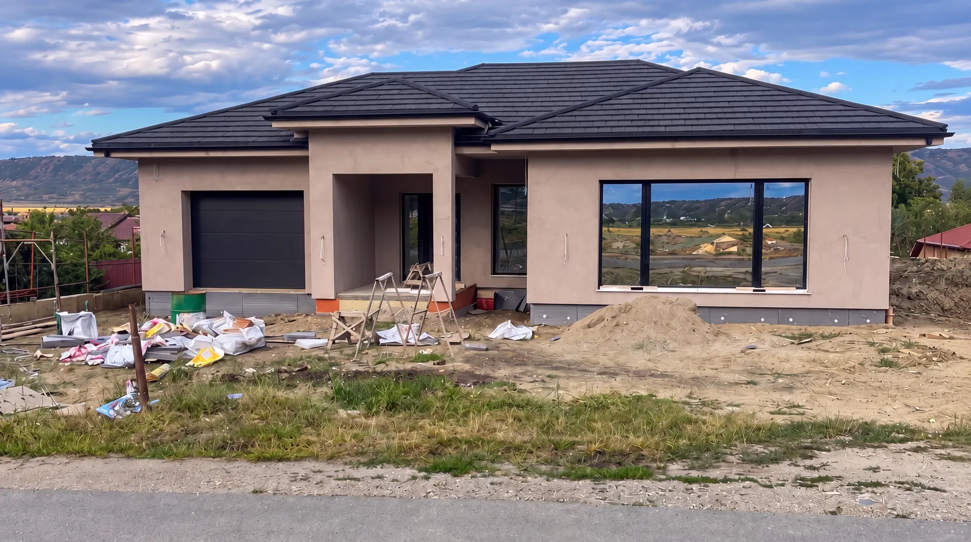 Casa in legno con struttura completata: pareti, tetto in tegole e infissi montati, prima della sistemazione esterna.