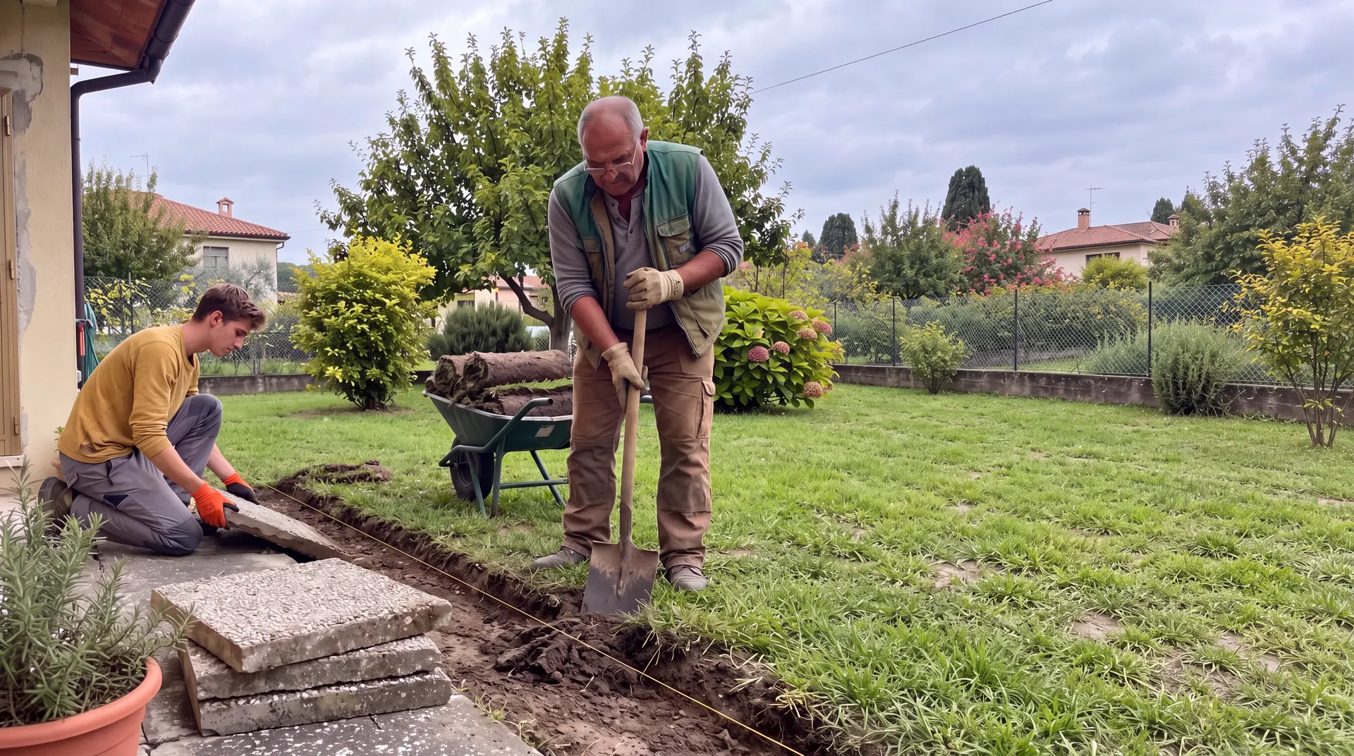Cantiere del giardino: posa della pavimentazione perimetrale in pietra e preparazione del nuovo prato.