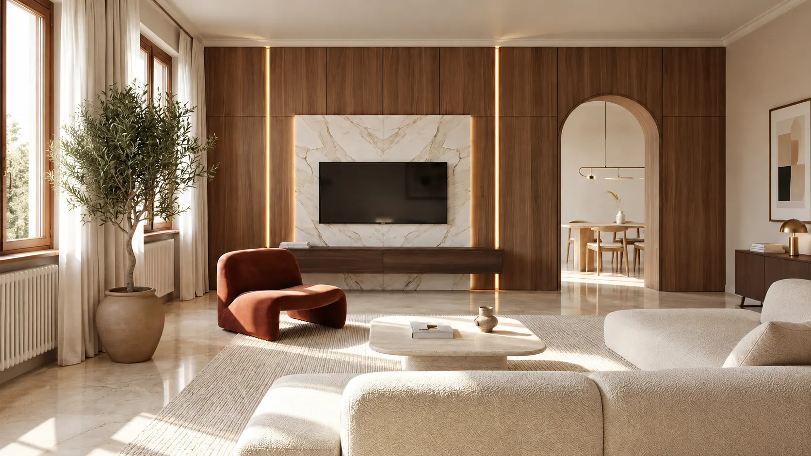 Salotto ristrutturato con rivestimento in legno su misura, parete in marmo e illuminazione a led integrata.