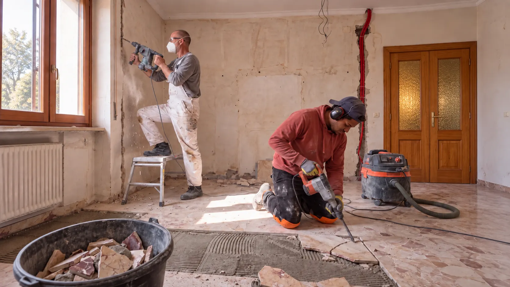 Cantiere di ristrutturazione salotto: demolizione pareti, rifacimento impianto elettrico e posa nuovo pavimento.